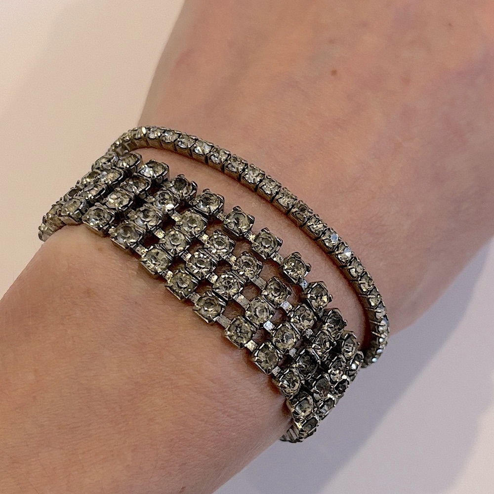 FINAL PRICE! Lot Of 2 Vintage 1950's Diamond Rhinestone Silver Tone Bracelets